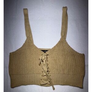 Social Scene Tan Knit Lace Up Front Crop Top Sleeveless Beige Medium